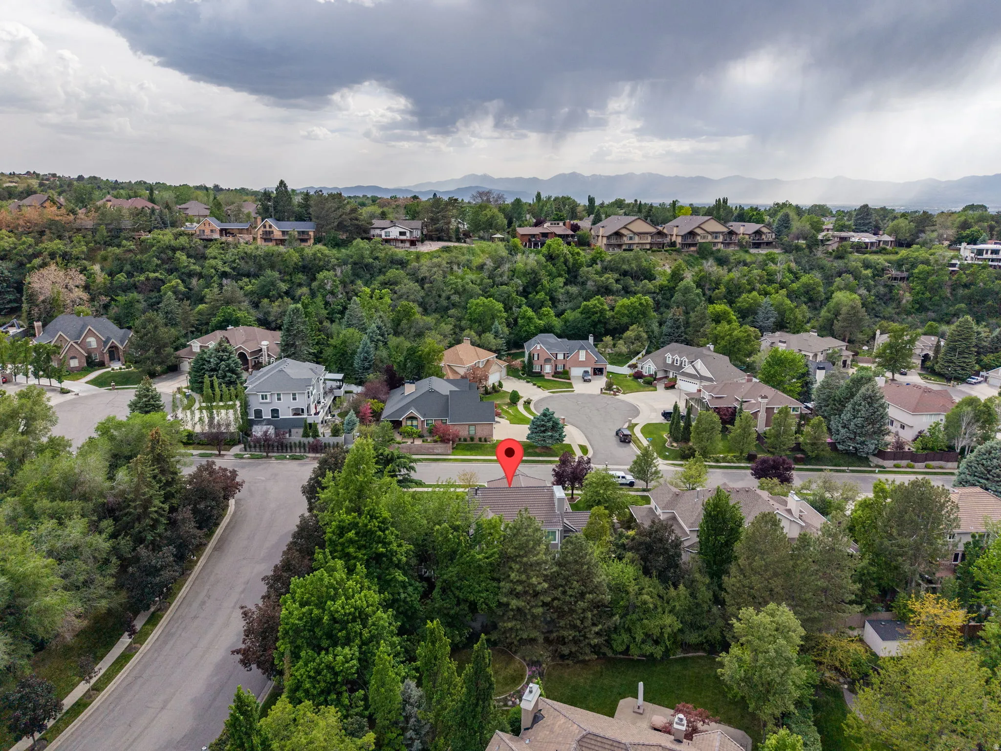 Aerial perspective showcasing a residential neighborhood with varied architectural styles