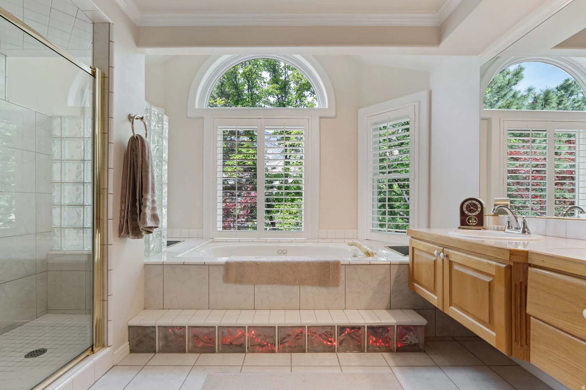 Master bath jetted tub and tiled shower
