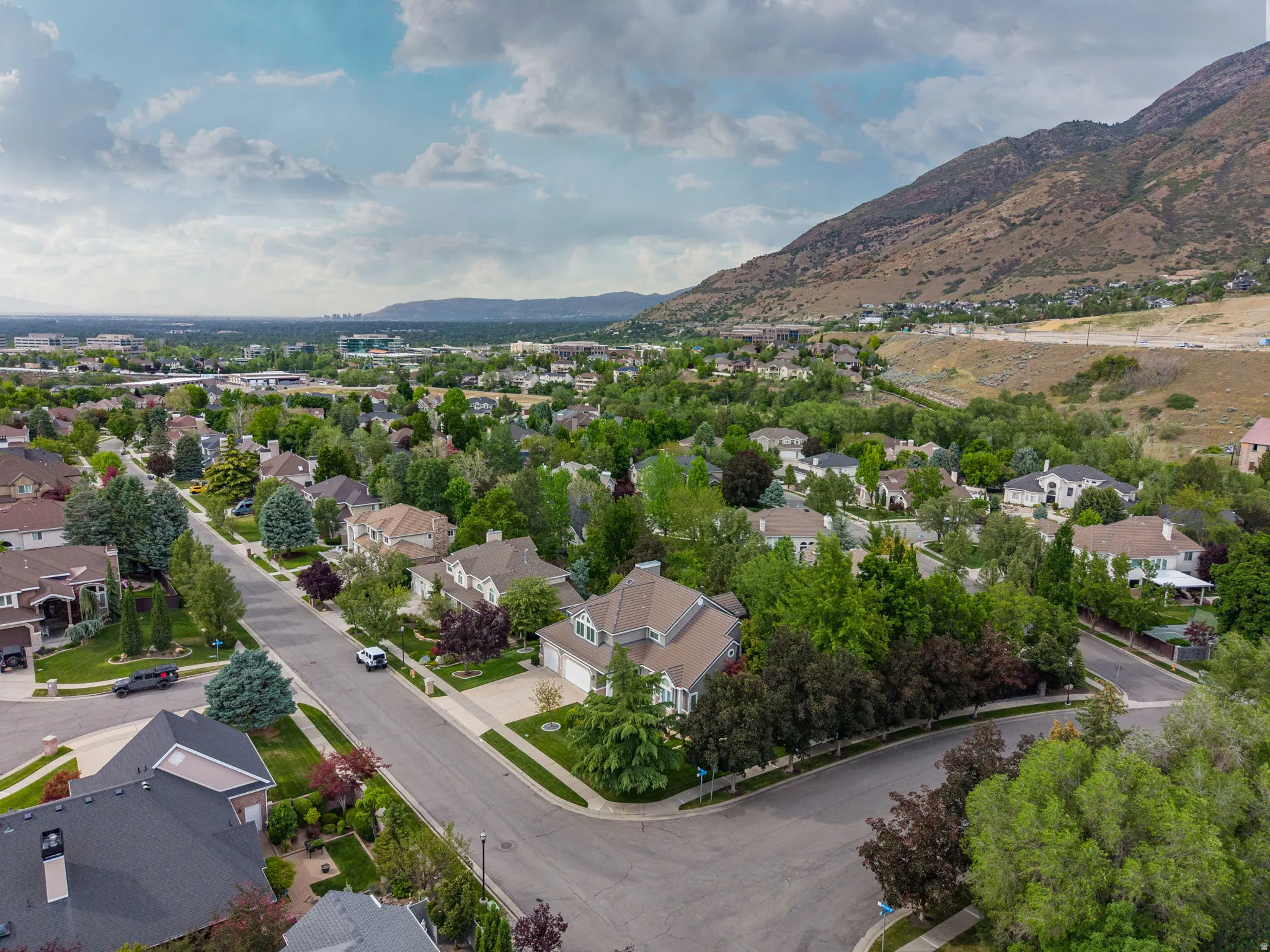 Residential neighborhood featuring mature trees, paved streets, and a mountainous backdrop