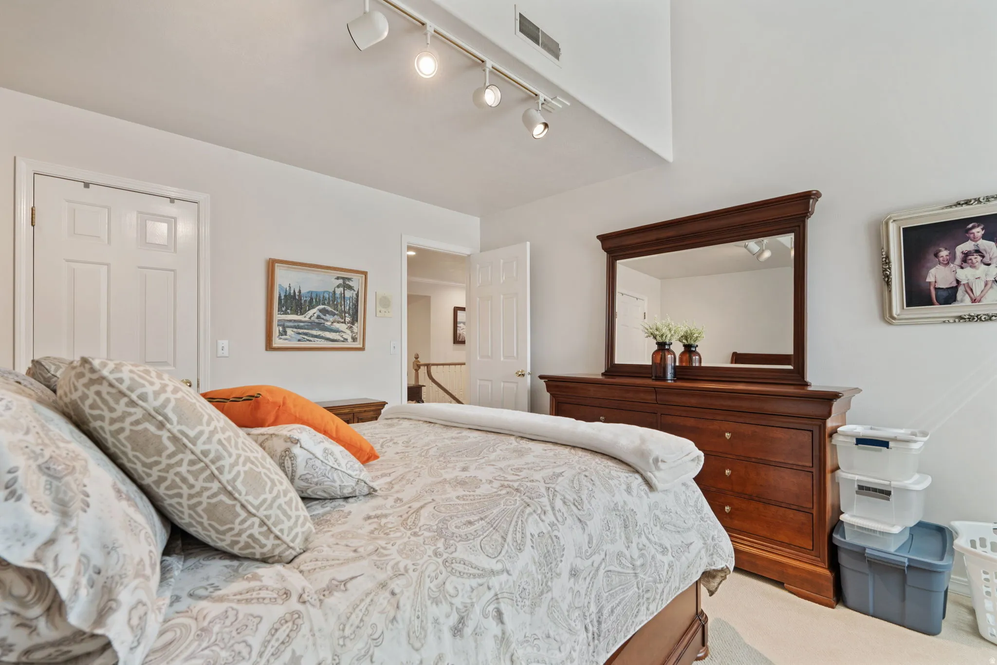 Vaulted ceiling with track lighting, white paneled doors, and light-toned wall paint