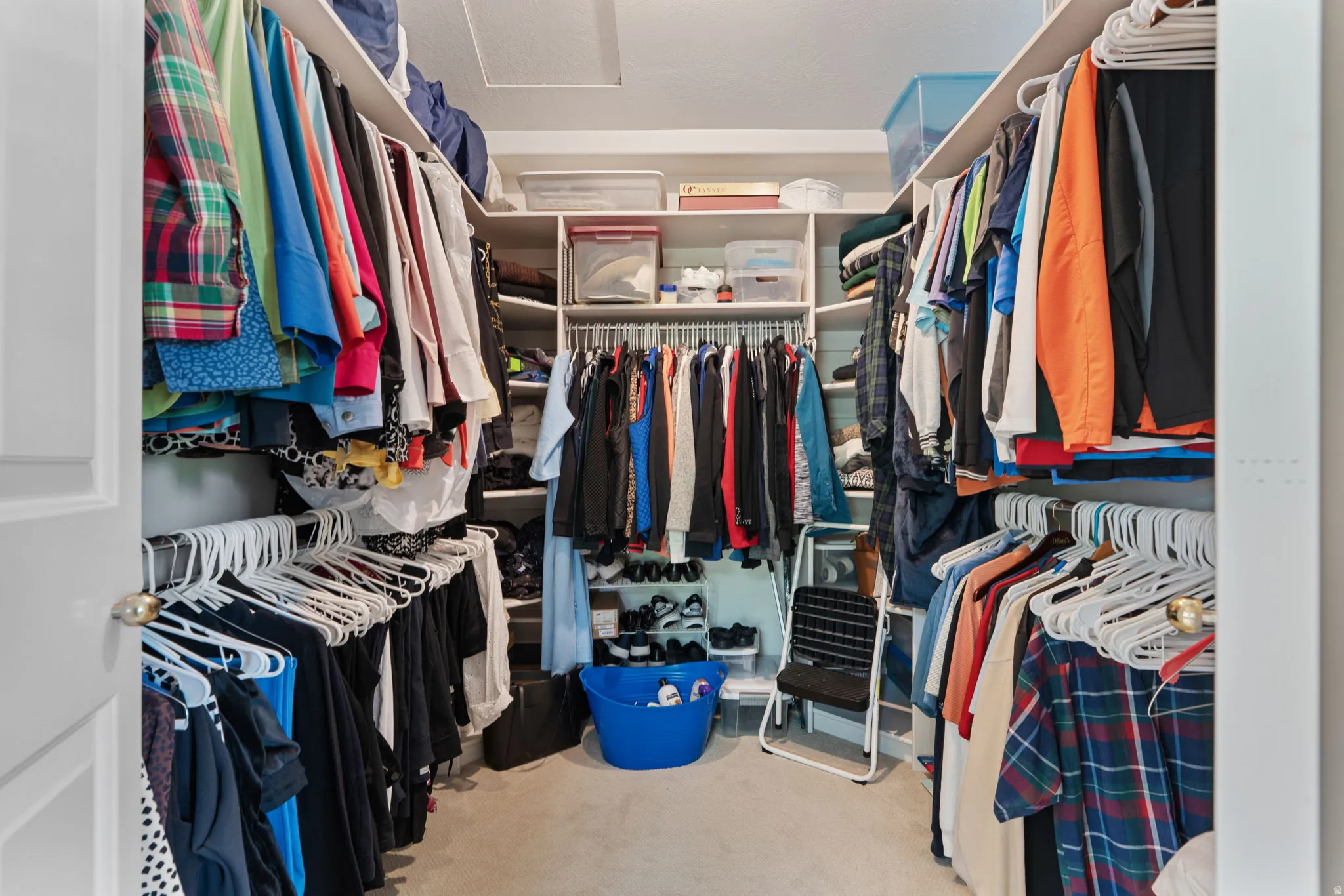 Walk-in closet featuring extensive built-in shelving, multiple hanging rods, and light-colored carpeting