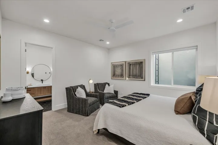 Bedroom featuring carpet flooring, recessed lighting, and a ceiling fan