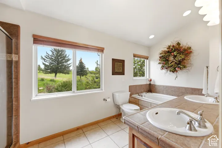Bathroom with dual windows, a tiled shower enclosure, and a built-in jetted tub