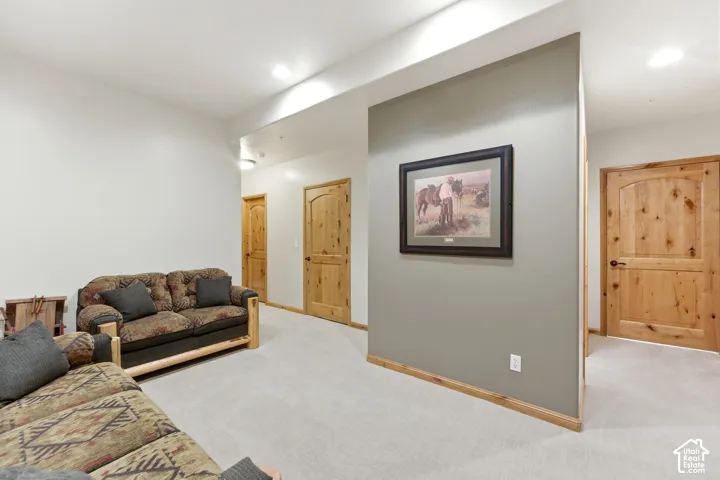 Carpeted interior space featuring light-colored walls, recessed lighting, and multiple wood-panel doors with dark hardware
