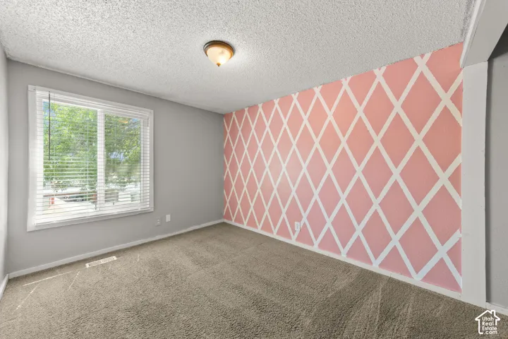 Wall-to-wall carpeting, window with blinds, decorative accent wall, neutral wall paint, and ceiling-mounted light fixture