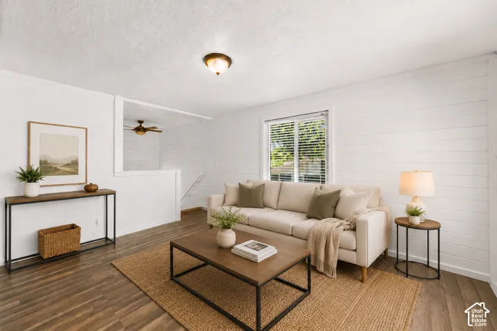 Wood-finish flooring throughout, white shiplap accent wall, white window blinds, and a flush mount ceiling light fixture