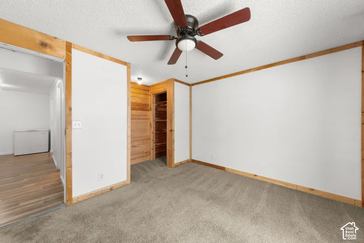 Carpeted flooring, wood-finish trim, ceiling fan, wood-finish wall paneling, built-in shelving