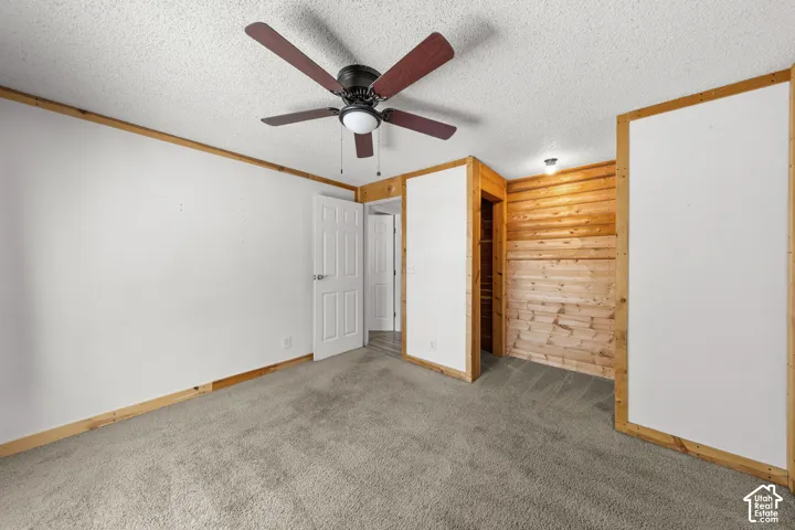 Textured ceiling with a ceiling fan, light gray carpet, and wood paneling accents