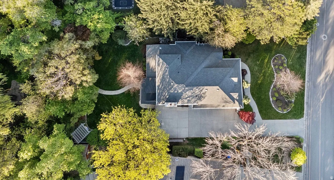 Aerial perspective showcasing a property with a gray shingle roof, extensive green landscaping, mature trees, and a concrete driveway