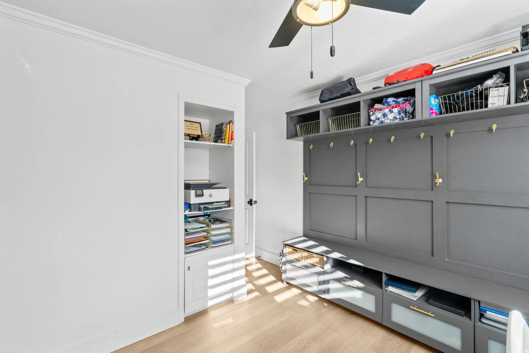 Built-in cabinetry featuring paneled doors, brass hardware, and integrated shelving