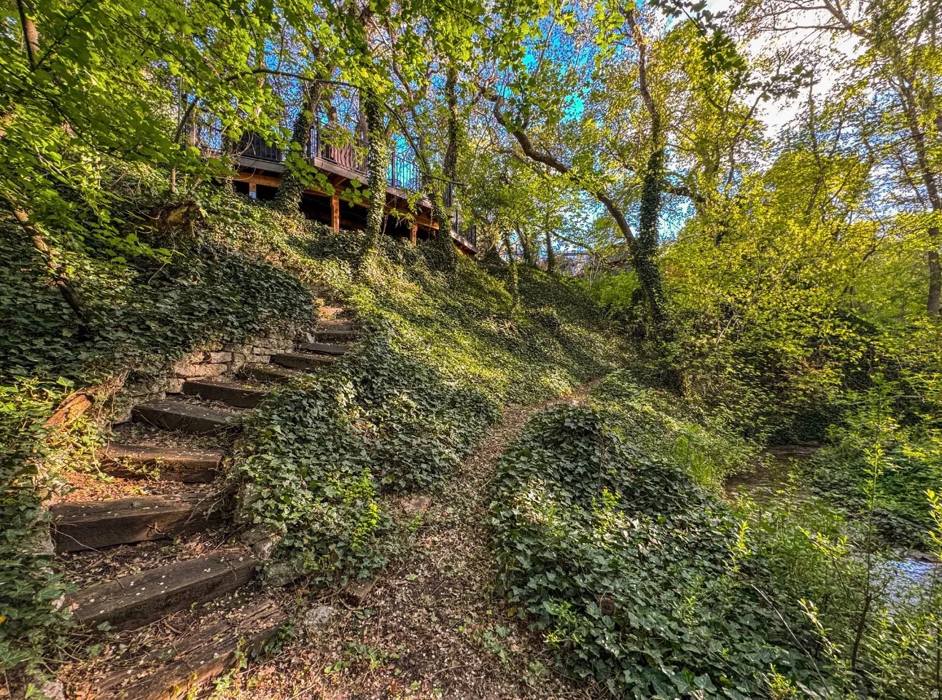 Terraced hillside property featuring stone steps and lush ground cover