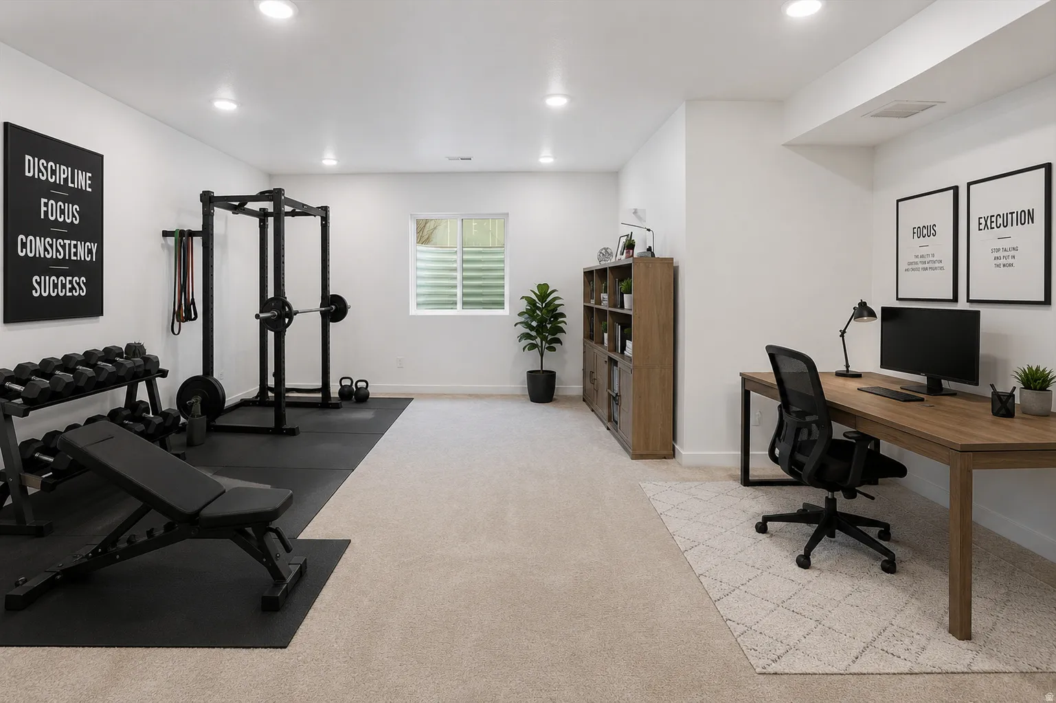 Virtually staged: 9ft ceiling builder finished basement with 2 flex spaces for a media room, office, gym, playroom, hobby area, guest retreat, or 5th bedroom depending on municipality rules.