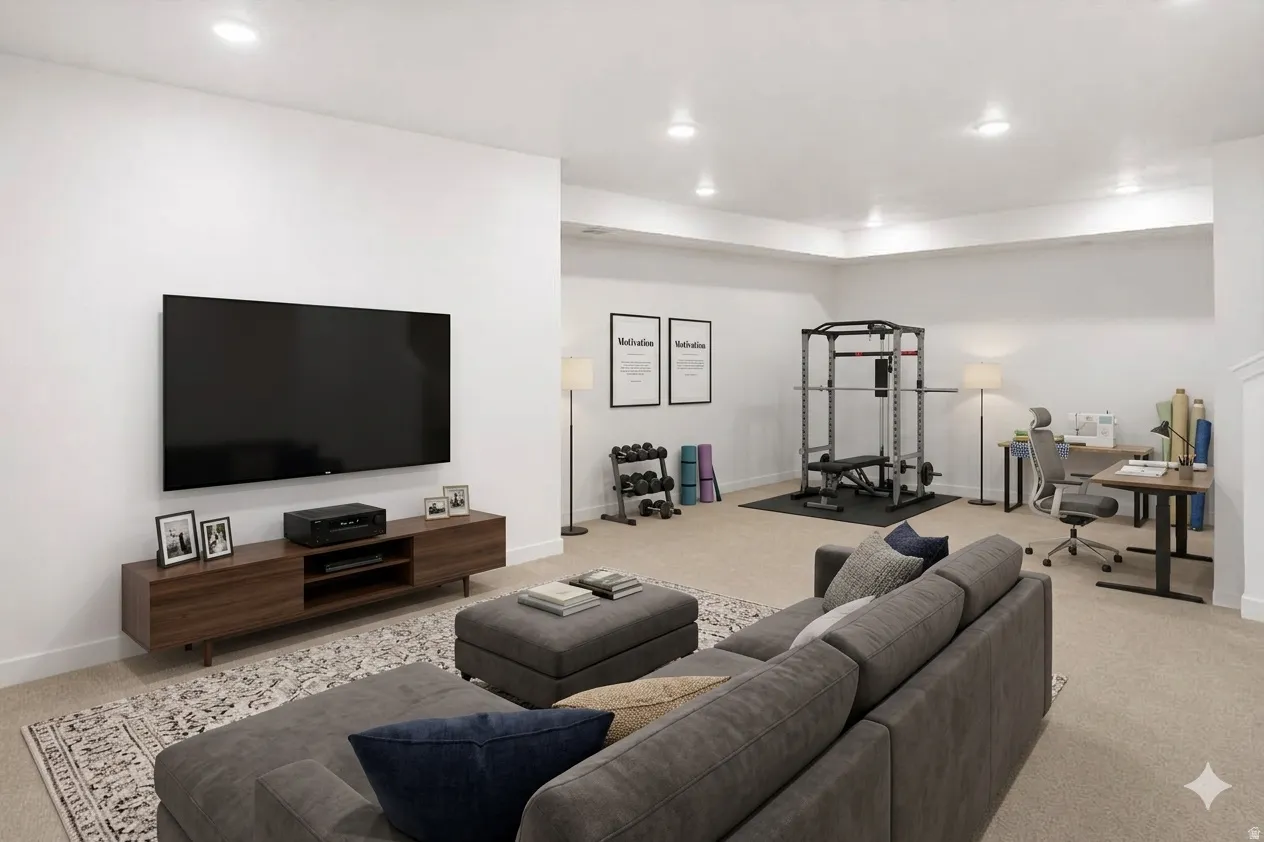 Virtually staged: 9ft ceiling builder finished basement with 2 flex spaces for a media room, office, gym, playroom, hobby area, guest retreat, or 5th bedroom depending on municipality rules.
