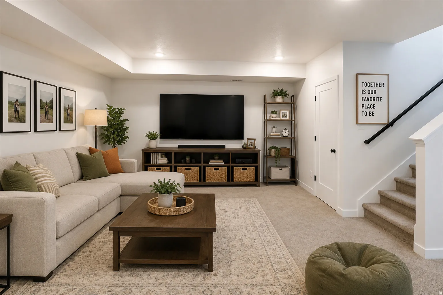 Virtually staged: 9ft ceiling builder finished basement with 2 flex spaces for a media room, office, gym, playroom, hobby area, guest retreat, or 5th bedroom depending on municipality rules.
