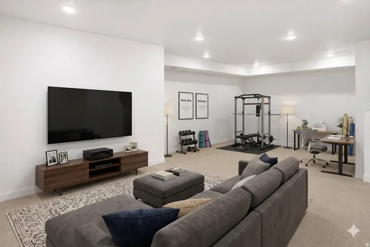 Virtually staged: 9ft ceiling builder finished basement with 2 flex spaces for a media room, office, gym, playroom, hobby area, guest retreat, or 5th bedroom depending on municipality rules.