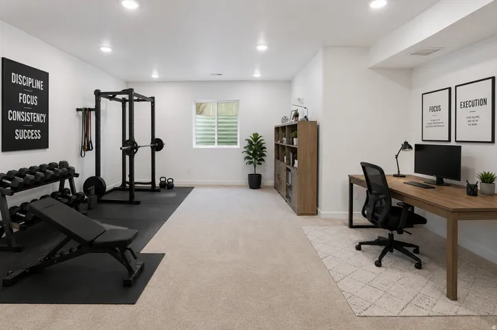 Virtually staged: 9ft ceiling builder finished basement with 2 flex spaces for a media room, office, gym, playroom, hobby area, guest retreat, or 5th bedroom depending on municipality rules.