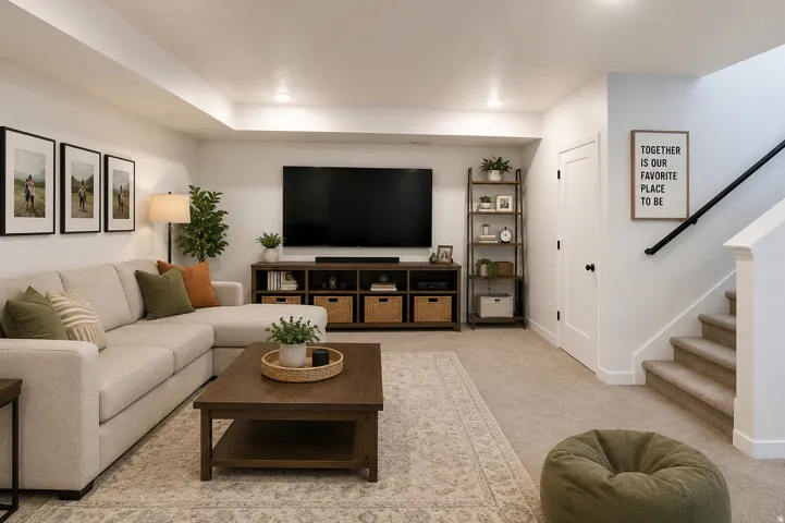 Virtually staged: 9ft ceiling builder finished basement with 2 flex spaces for a media room, office, gym, playroom, hobby area, guest retreat, or 5th bedroom depending on municipality rules.