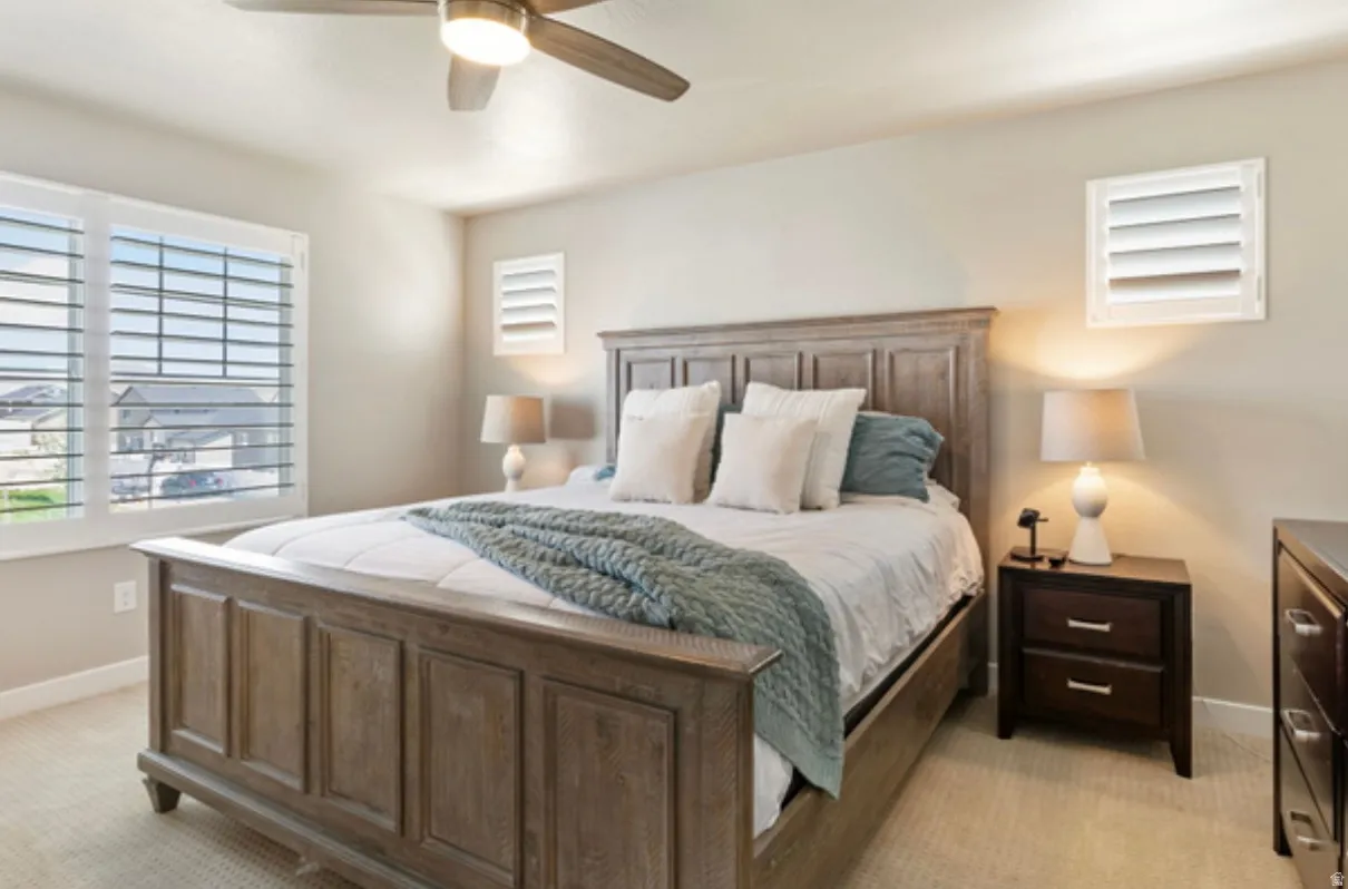 Carpeted flooring complemented by light-colored walls