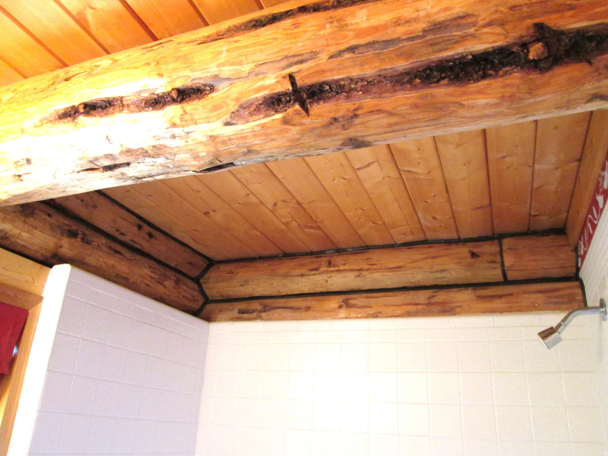 Detailed view of plank wooden bathroom ceiling.