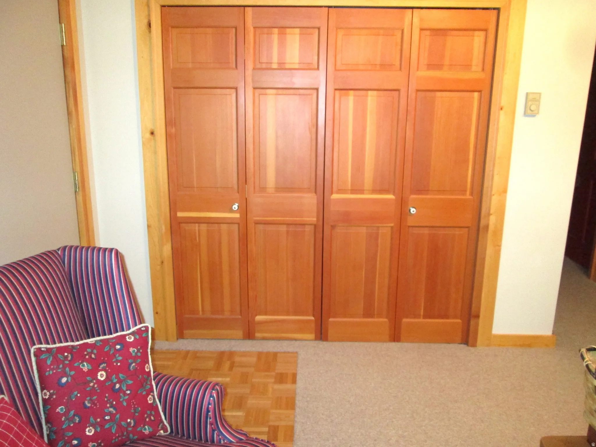 Side view of the steel door to the lower level family room and adjacent parquet flooring. There is an extra deep storage closet with shelving to hold all your party gear and linens.