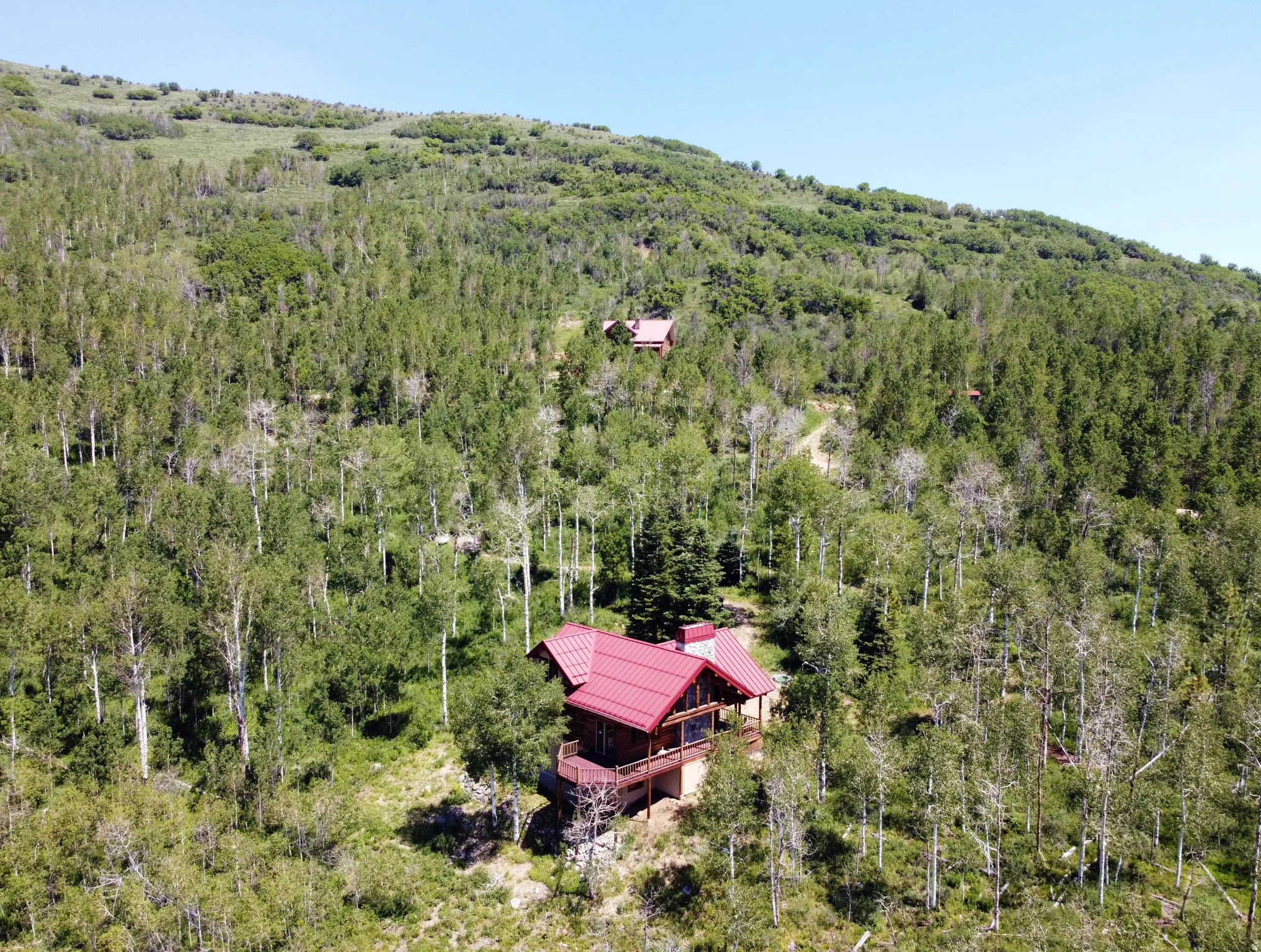 Aerial view west and south side of cabin.
