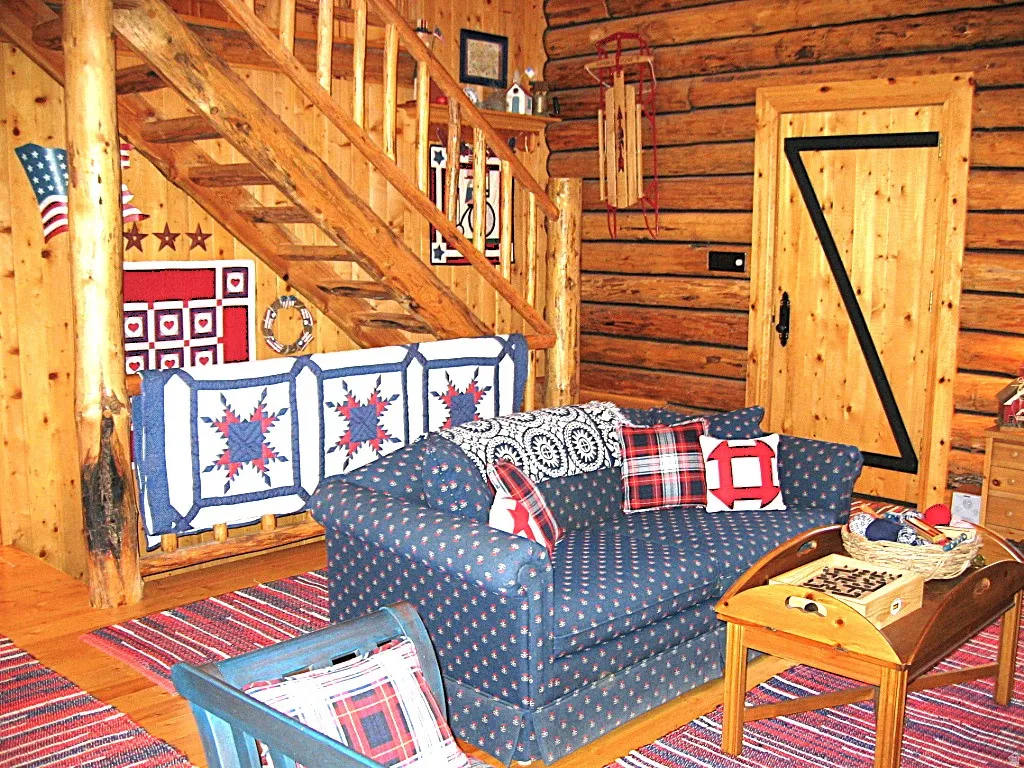The great room and main floor have pine plank flooring.