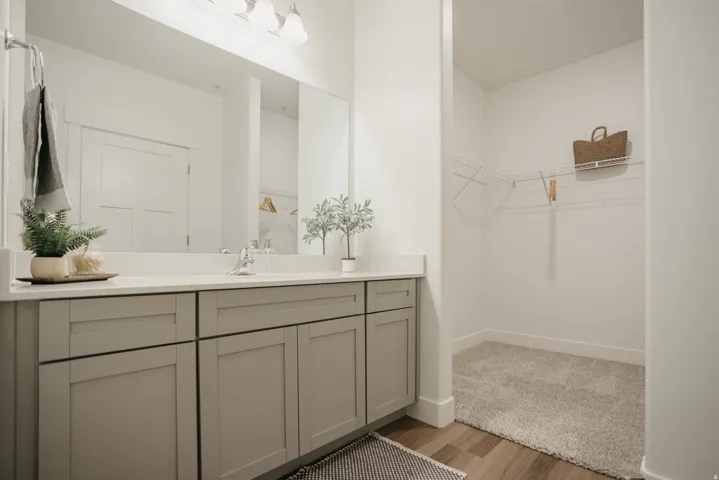 Bathroom vanity with light gray shaker-style cabinetry, a white countertop, and a large wall-mounted mirror