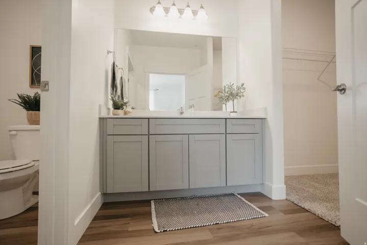 Bathroom featuring a light gray vanity with a white countertop and undermount sink, a large mirror, and wood-finish flooring