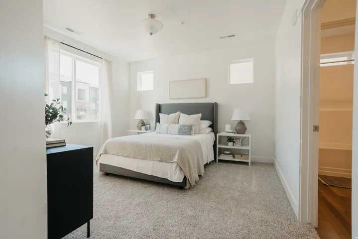 Carpeted room featuring a large window, a smaller upper window, and a built-in closet with wood-finish flooring