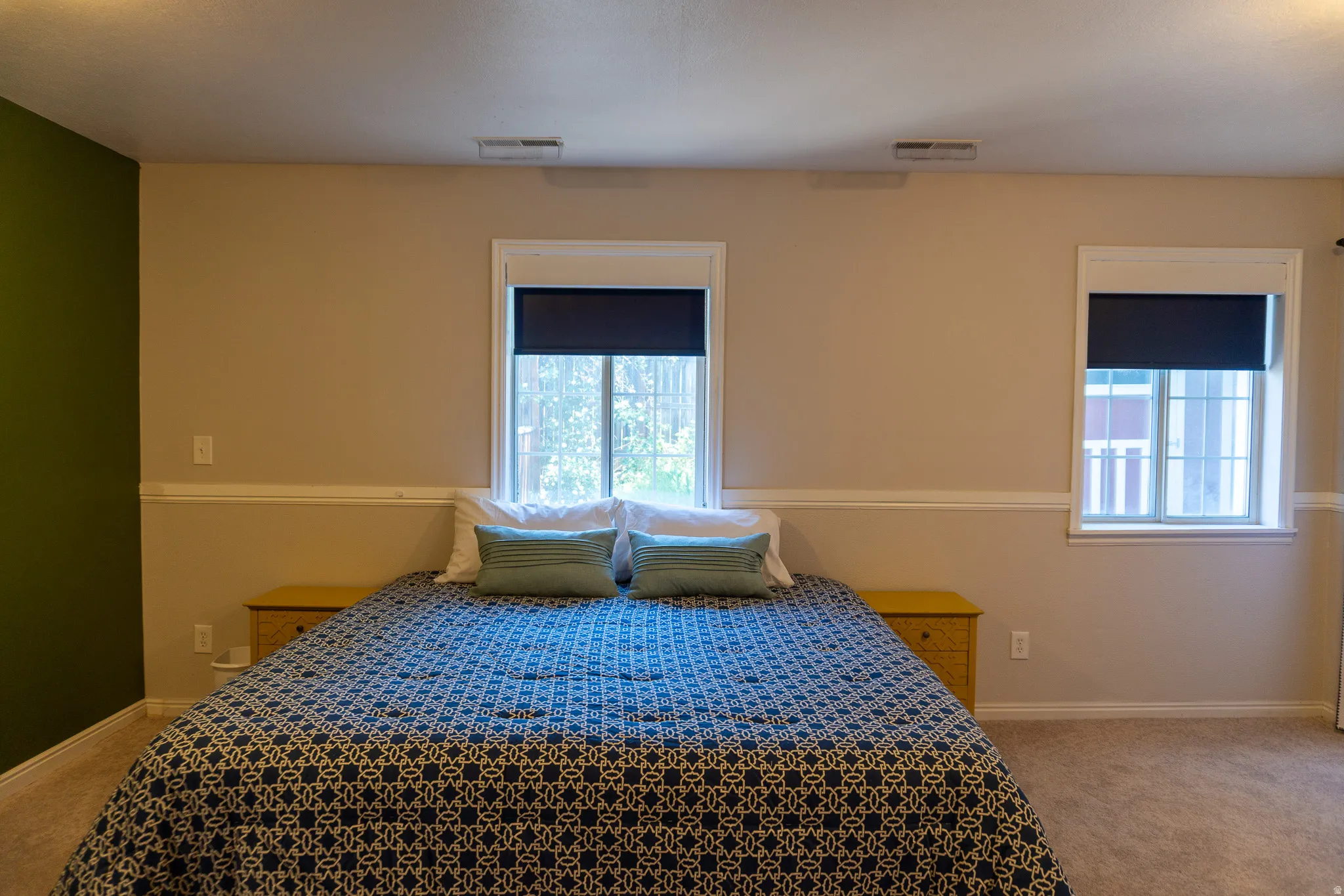Bedroom featuring two windows with dark roller shades, neutral carpeting, and chair rail molding