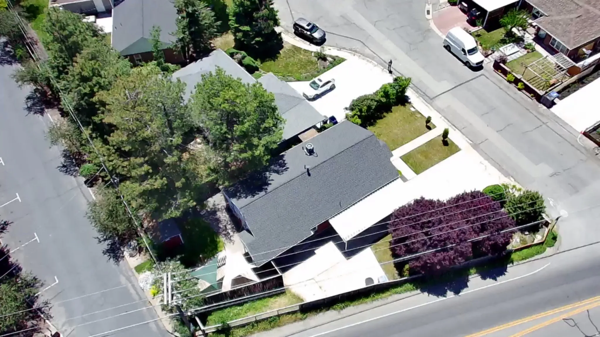 Property featuring a dark shingle roof, expansive paved driveway, mature trees, and established landscaping
