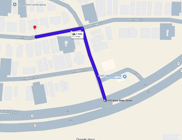 Map Route. Indicating vehicular travel distance and estimated time between two locations