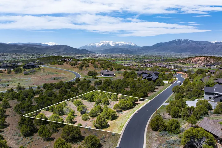 Cleared lot with mature trees, situated along a paved road with mountain scenery in the background