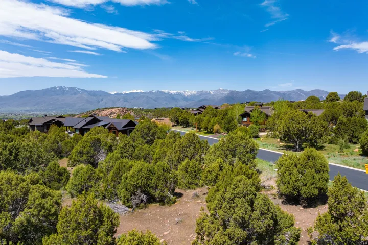 Mountain-surrounded community featuring mature trees, dark-toned residences with pitched roofs, and a paved street
