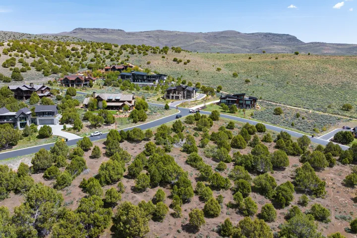 Expansive mountain landscape with scattered evergreen trees, featuring a paved road winding through a residential area