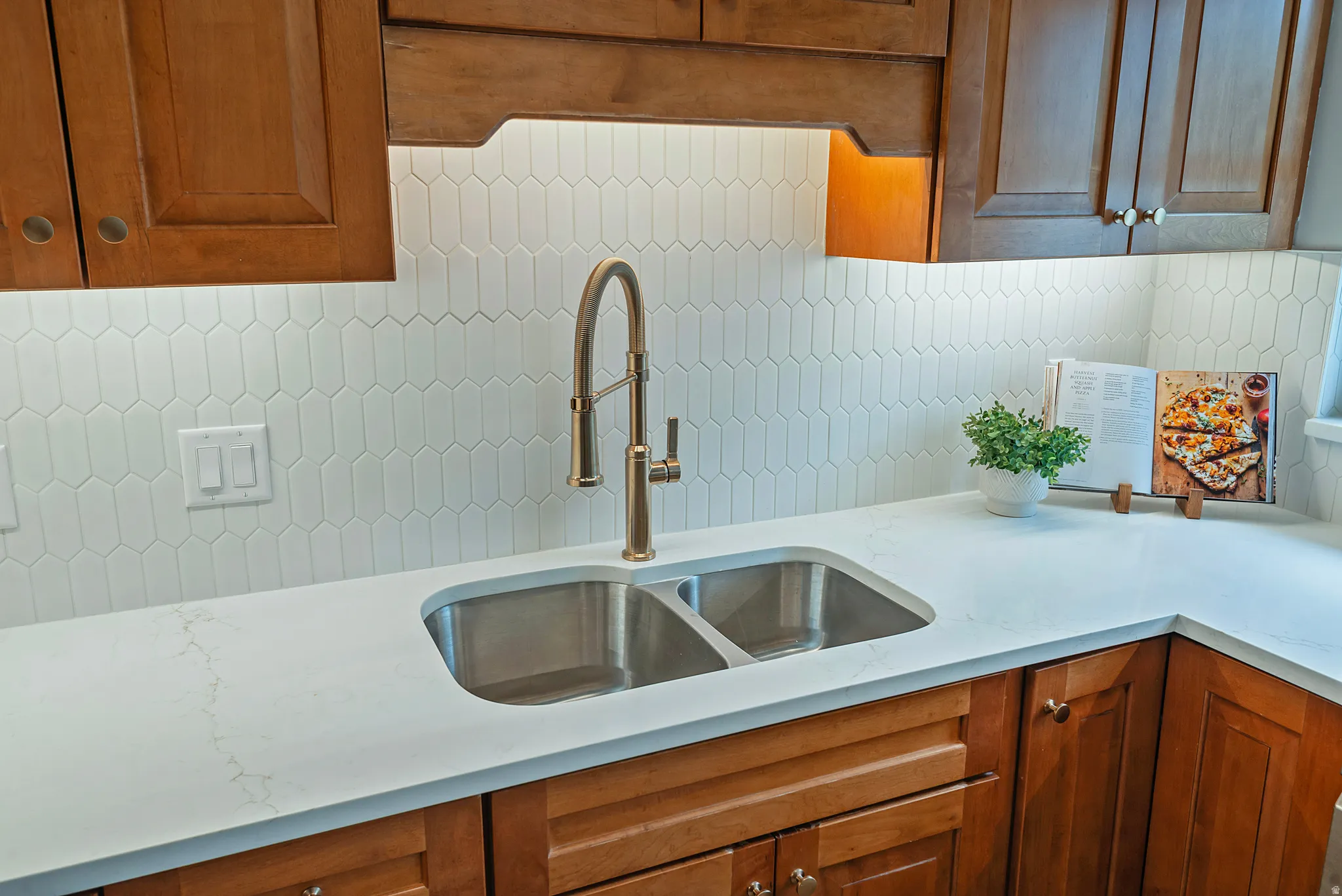 Kitchen area featuring a dual stainless steel sink, a brushed brass gooseneck faucet, and white countertops