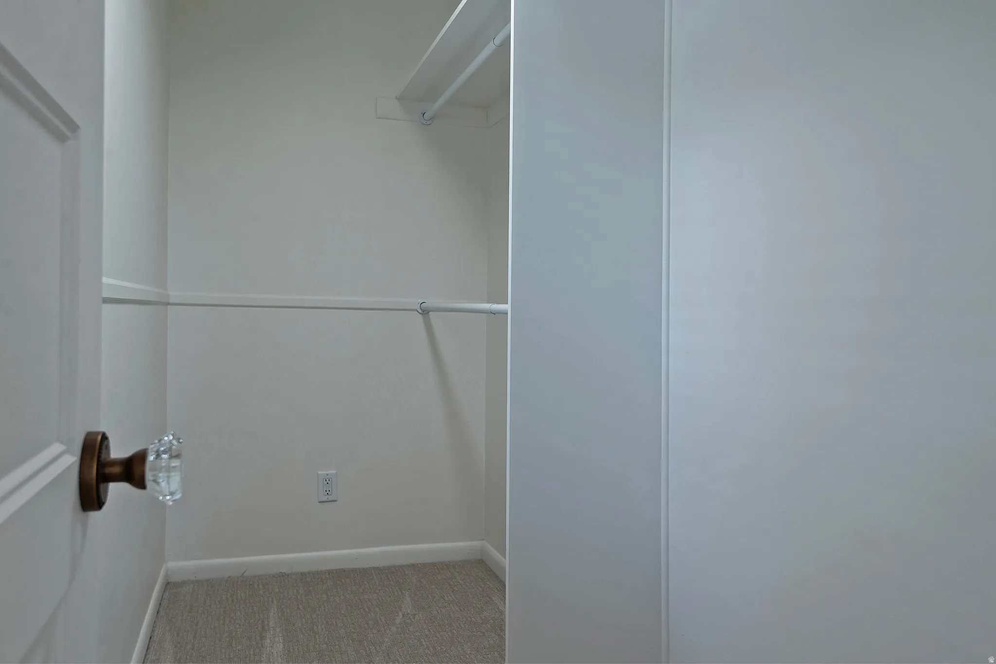 Walk-in closet featuring light beige carpet, white baseboards, and a white clothes rod