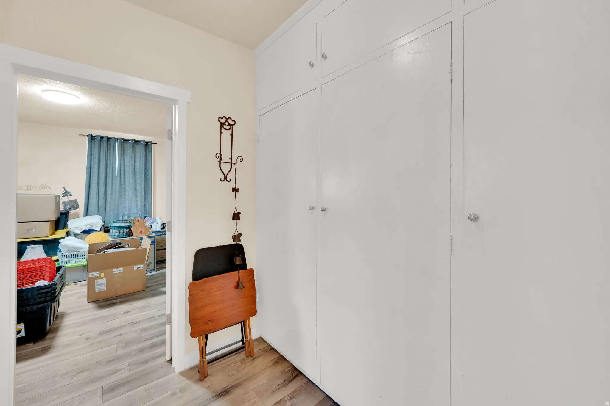 White built-in cabinetry with silver-tone hardware provides extensive storage