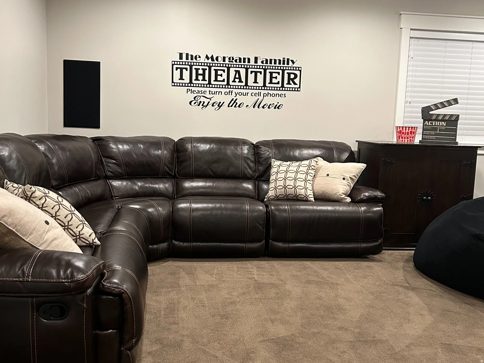 Dedicated media room featuring recessed lighting and carpet flooring