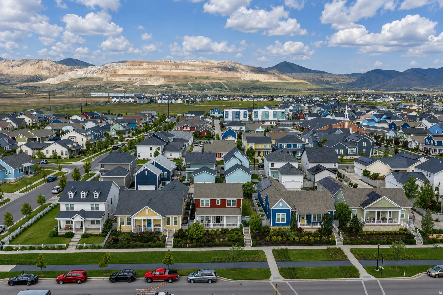 Aerial perspective showcasing a residential community with varied architectural styles