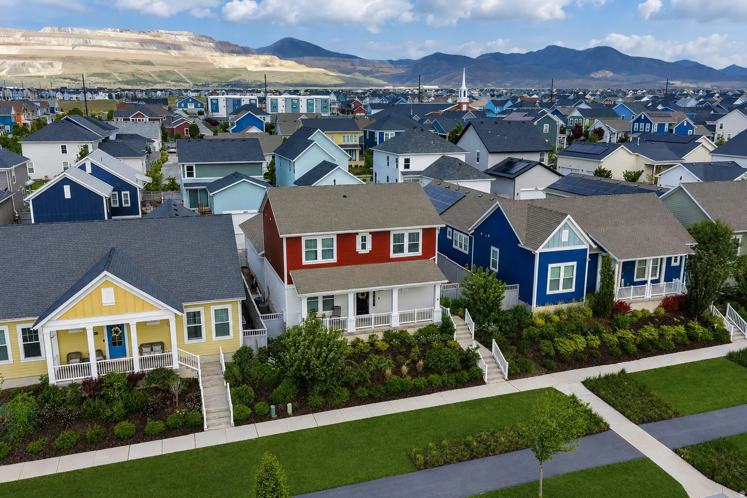 Residential neighborhood featuring diverse architectural styles and mature landscaping
