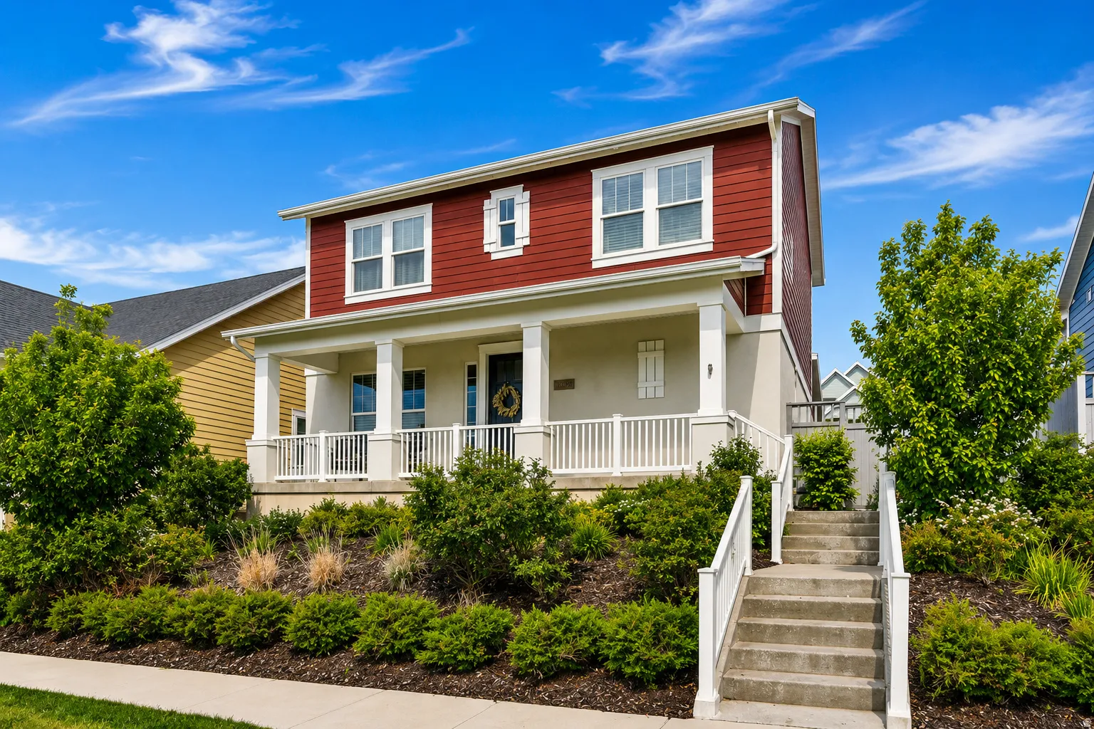 Two-story residence featuring red siding and white trim