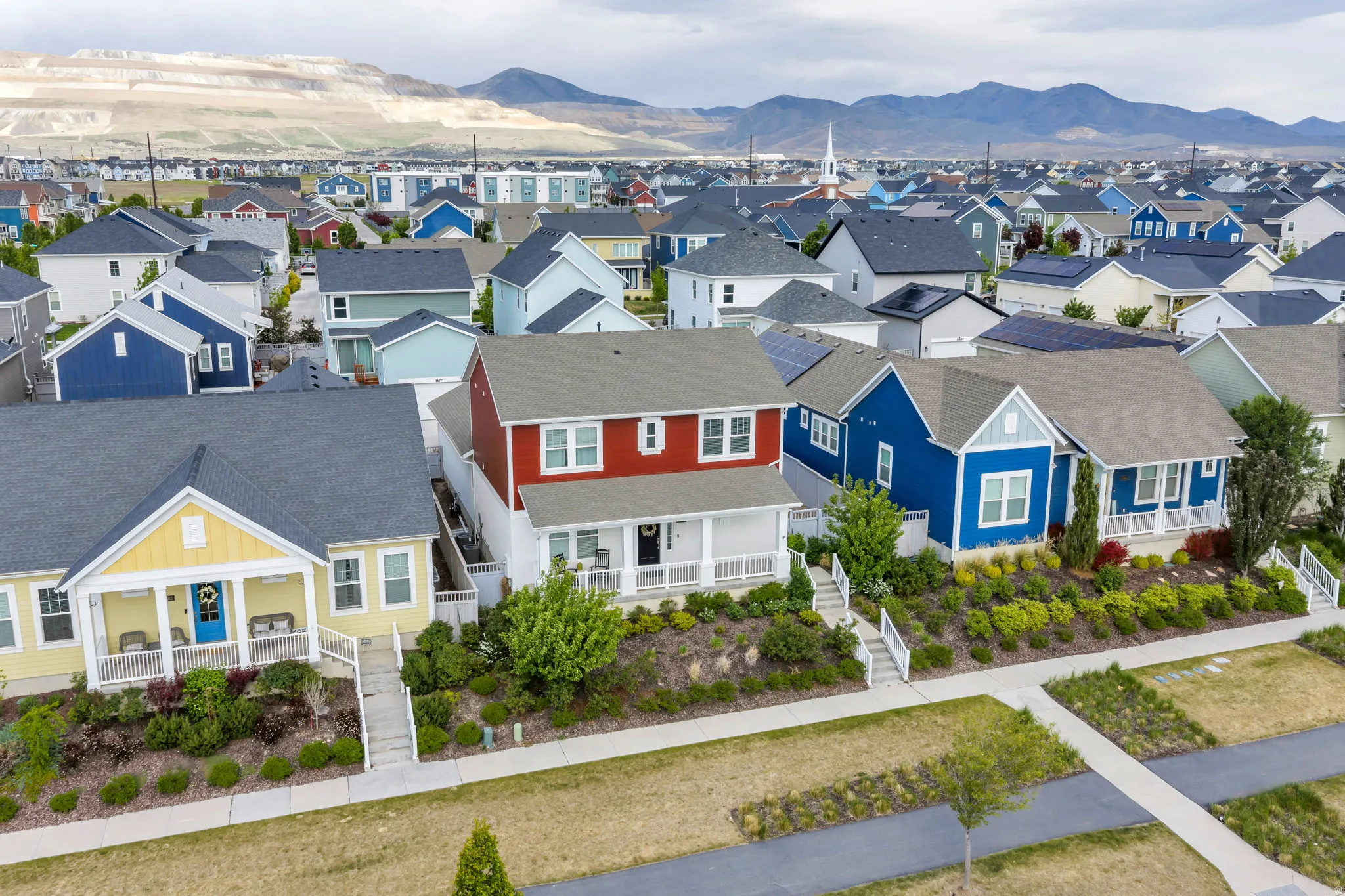 Vibrant residential neighborhood featuring diverse architectural styles and mature landscaping