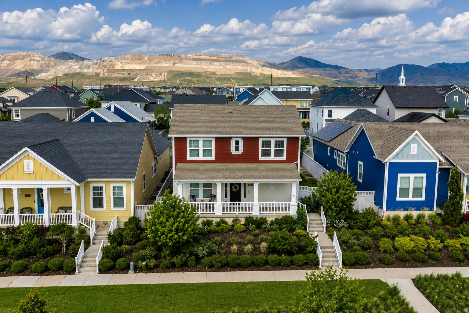 Two-story residence featuring a red exterior with white trim, a covered front porch, and a landscaped front yard