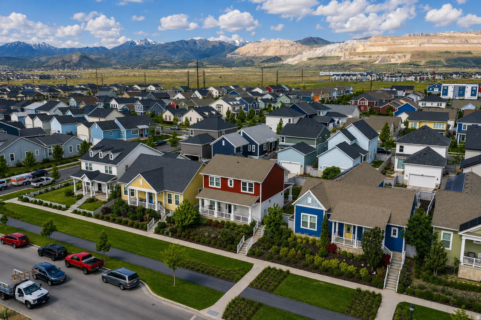 Residential community featuring varied architectural styles and exterior colors