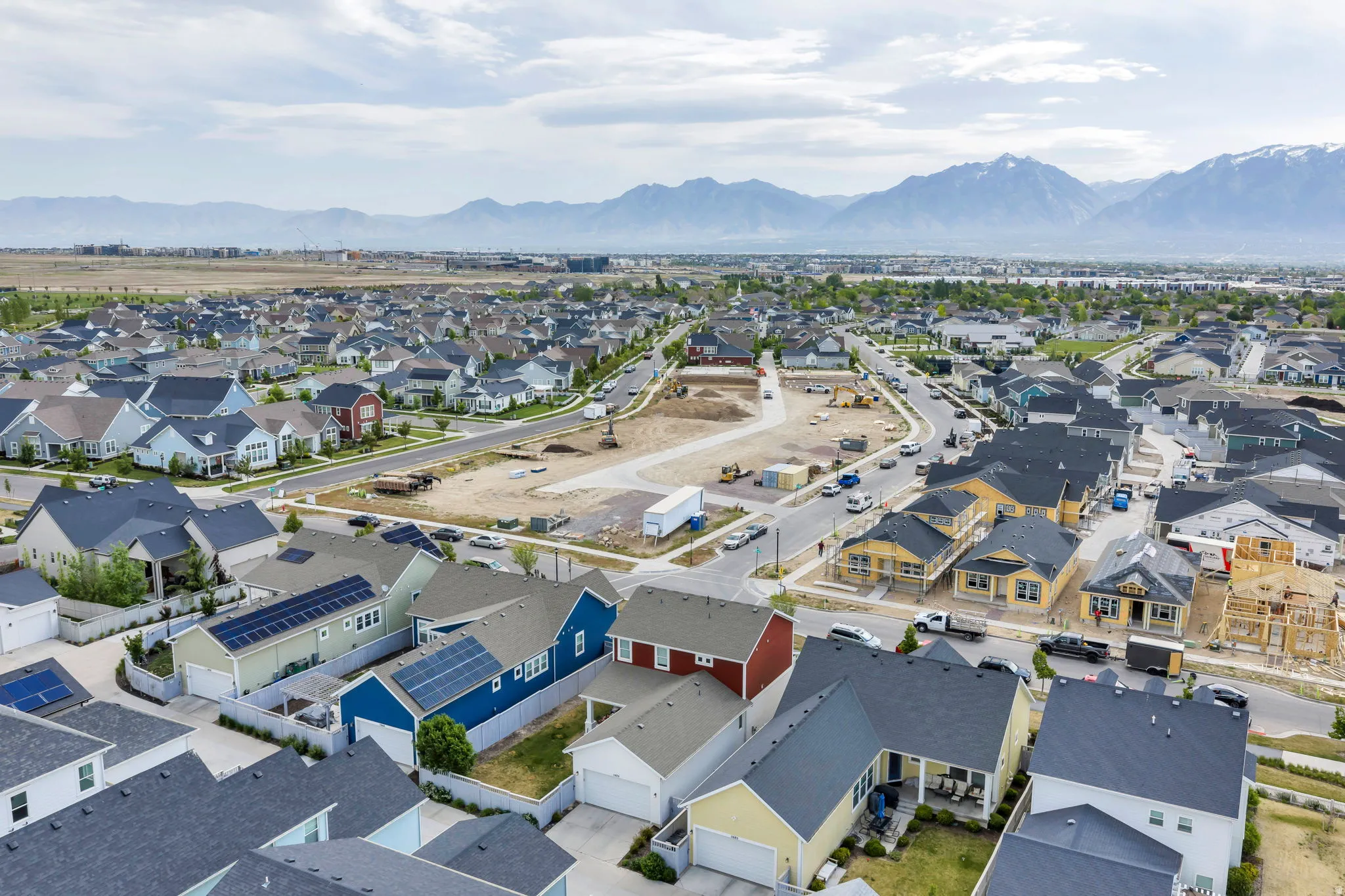 Aerial perspective showcasing a residential community with varied architectural styles