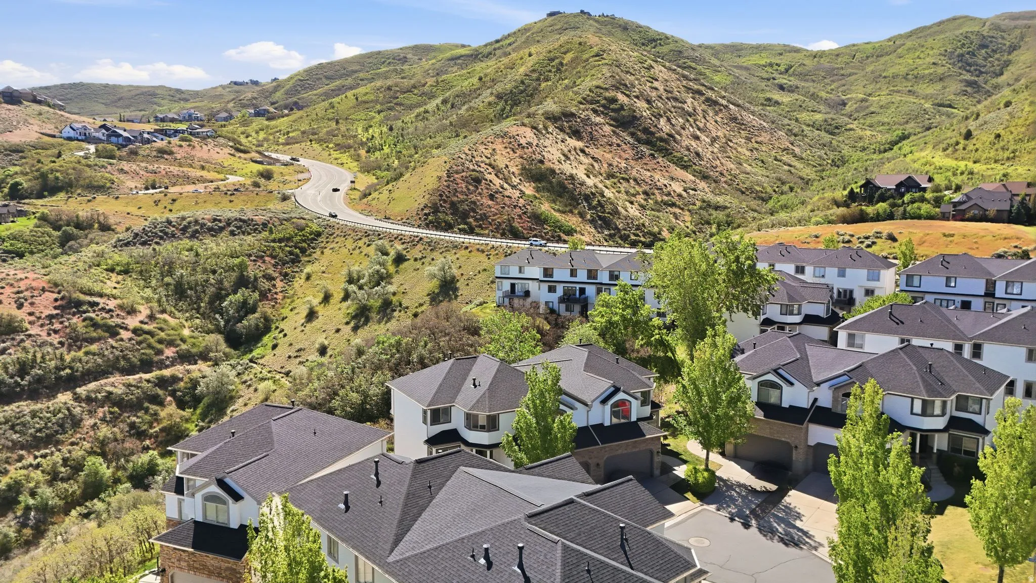 Residential development nestled into a verdant hillside, featuring multiple two-story homes with dark shingle roofs and light-colored siding