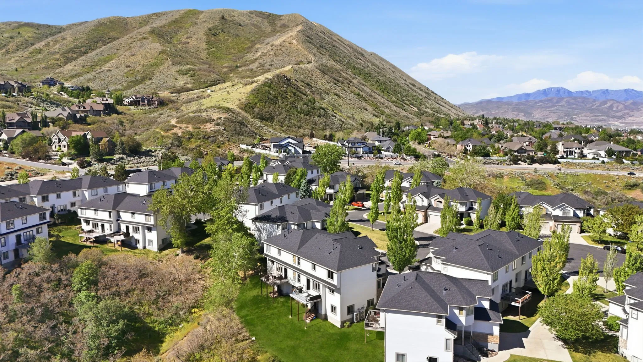 Community setting with residences featuring light-colored exteriors and dark-toned roofs
