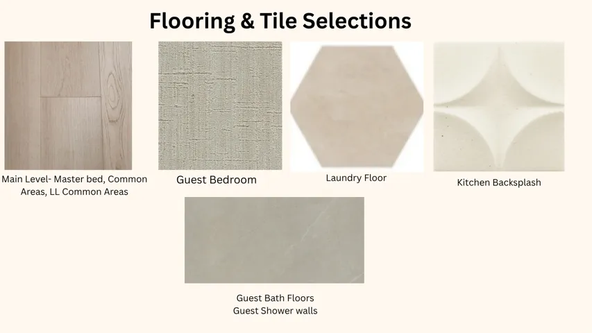 Flooring & Tile Selections. Displaying material selections for various areas within the property