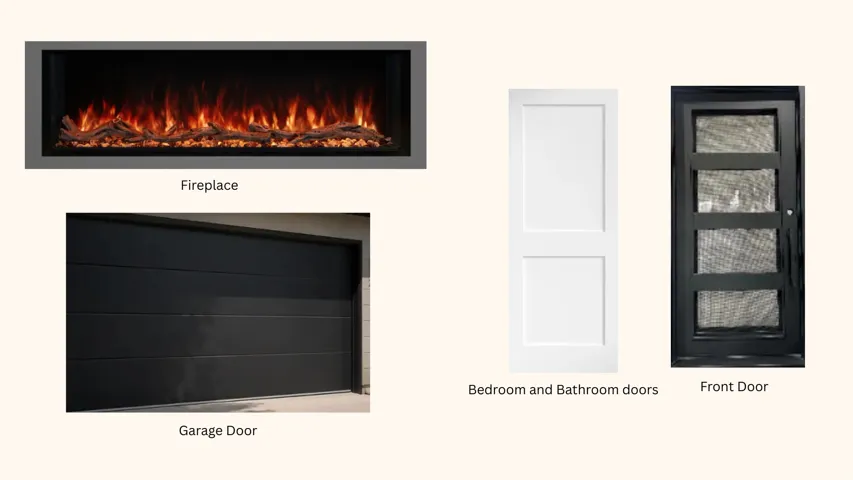 Property Specifications. Displaying various components of the property, including the fireplace, garage door, interior doors, and exterior door